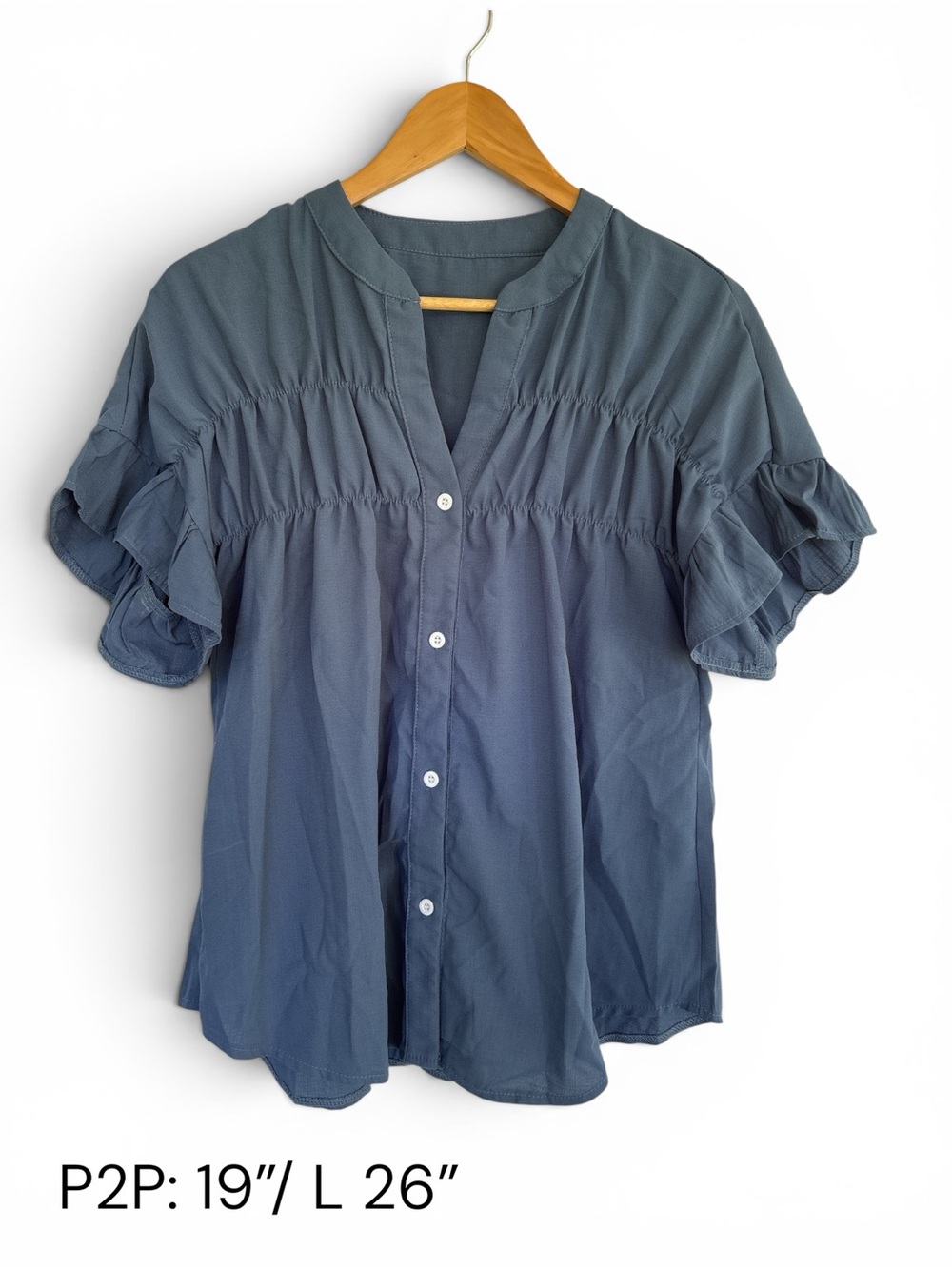 Button-Front Ruffle Sleeve Blouse — Blue